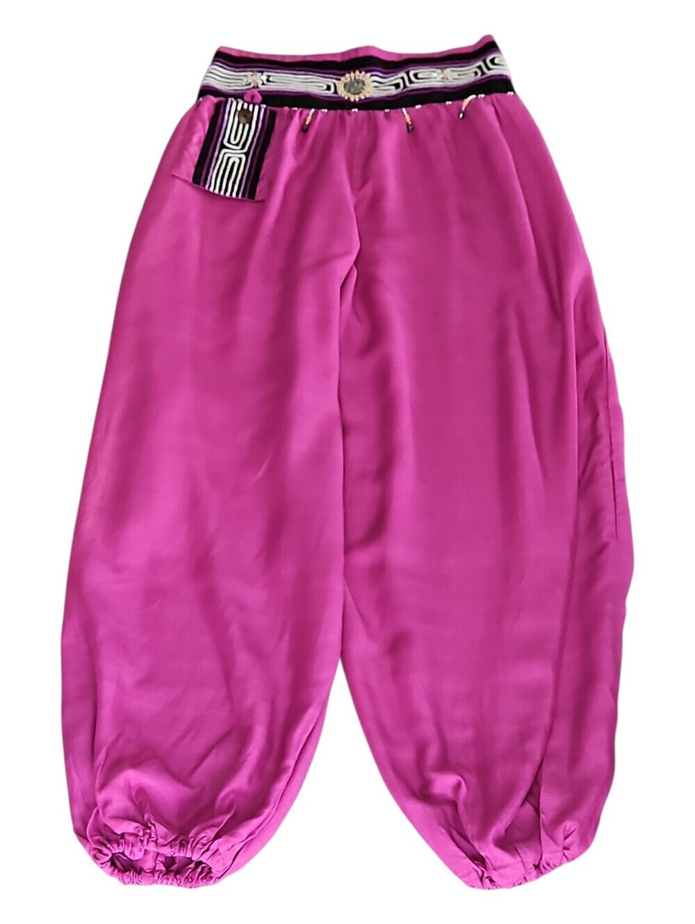 Harem Pants Genie-pants In Fuchsia, Elastic Waist Hand-beaded Side Pouch